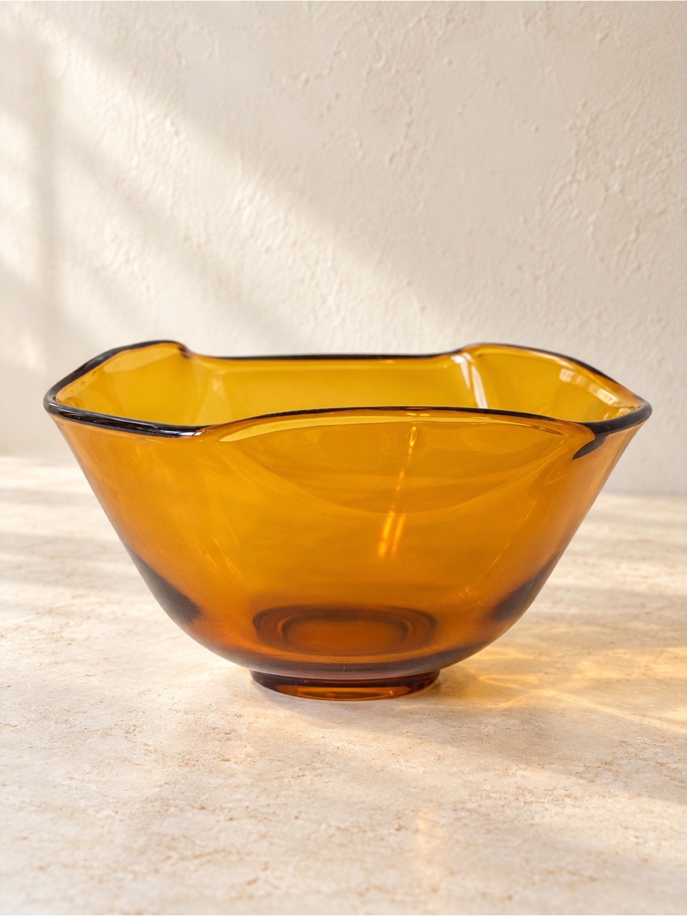 Amber Glass Bowl Wavy Rim Footed Fruit Bowl Vintage Style 9” Hand Blown.
